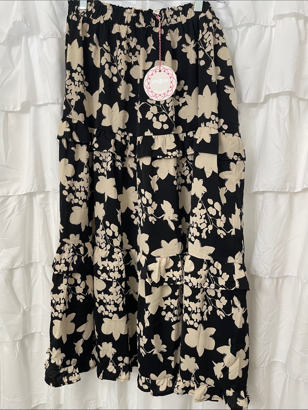 Umgee Black and Cream Floral Tiered Ruffled feminine Maxi Skirt